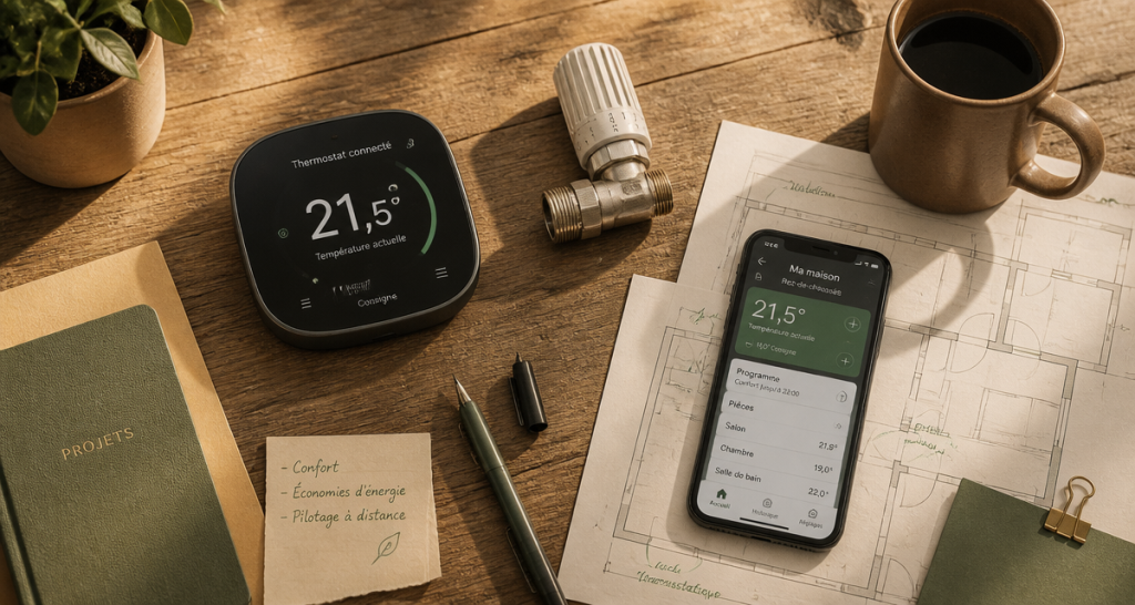 thermostat connecté radiateur, smartphone et plans sur table