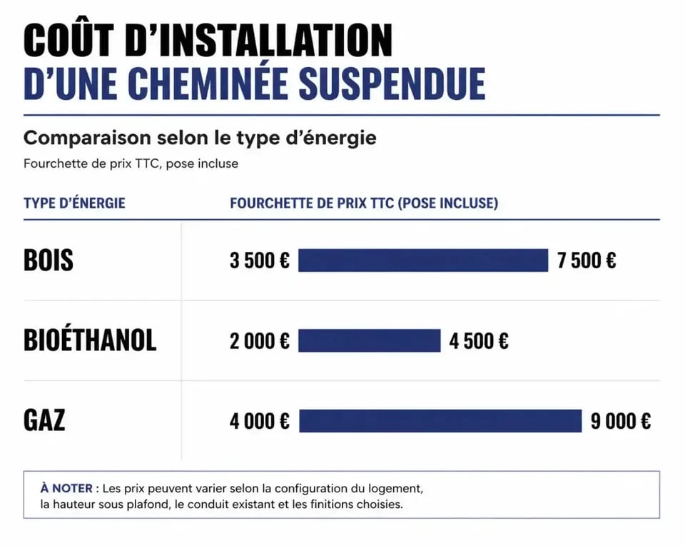 Infographie comparative des prix des cheminées suspendues selon le type de combustion : bois, bioéthanol et gaz.