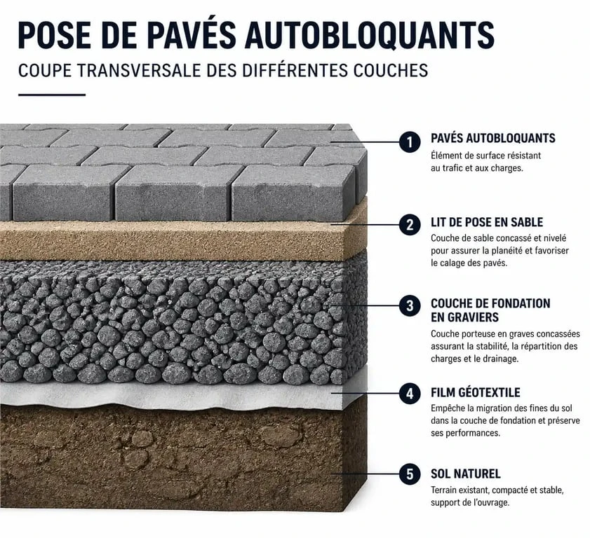 Schéma en coupe de la pose de pavés autobloquants : fondation, géotextile et lit de sable