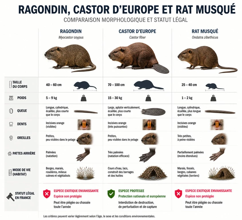 Comparaison visuelle entre ragondin, castor d'Europe et rat musqué pour éviter la confusion avec une espèce protégée.