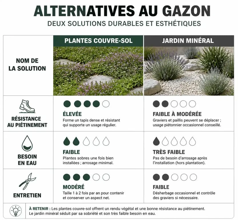 Tableau comparatif des alternatives au gazon pour remplacer la pelouse traditionnelle