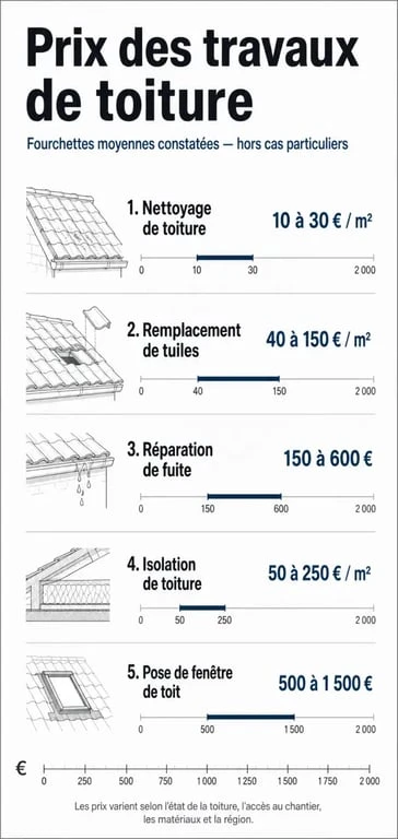 Tableau récapitulatif des tarifs moyens d'un couvreur pour différents travaux de toiture