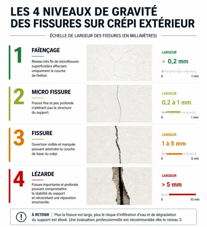 Infographie des différents types de fissures sur un crépi extérieur et leur gravité