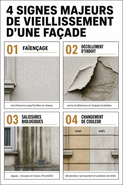Infographie des signes de vieillissement d'une façade pour le ravalement de façade tous les combien