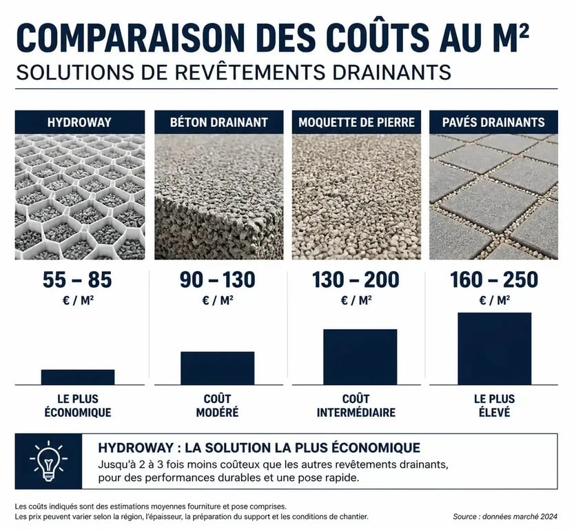 Comparatif des prix au m² des revêtements drainants incluant l'Hydroway pour votre projet extérieur