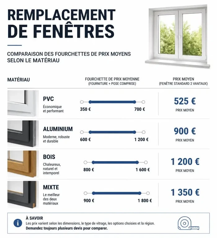 Comparatif des prix moyens de remplacement de fenêtres par matériau : PVC, Aluminium, Bois et Mixte