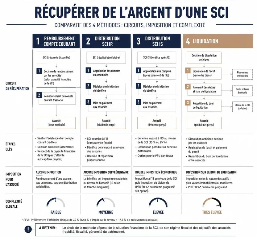Infographie comparative des méthodes pour récupérer l'argent de la vente d'un bien en SCI