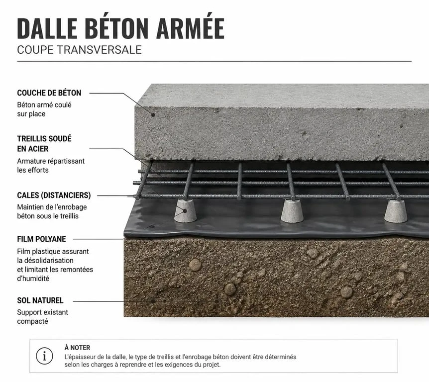 Schéma de coupe d'une dalle béton avec ferraillage et enrobage