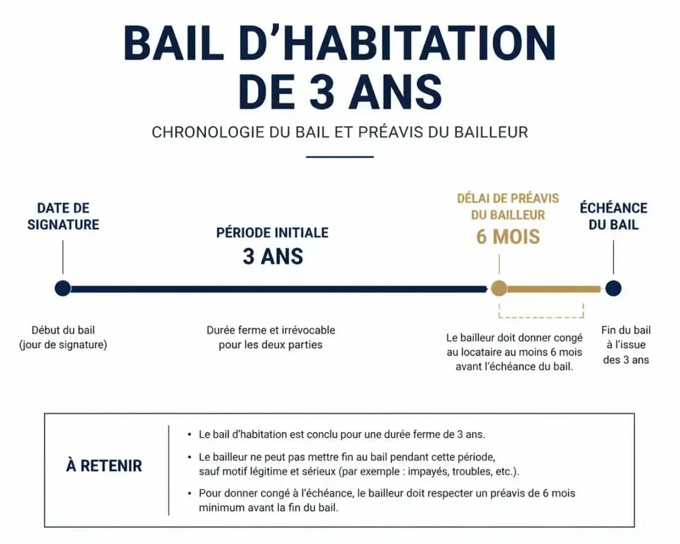 Infographie explicative de la reconduction tacite d'un bail de 3 ans et des délais de préavis