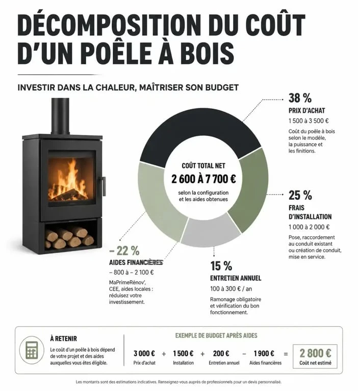 Infographie du coût total d'un poêle à bois : achat, installation et aides financières