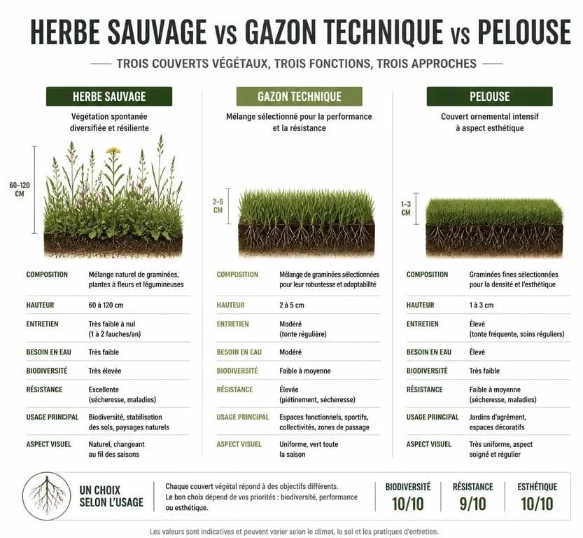 Infographie comparative entre herbe, gazon et pelouse pour choisir son espace vert