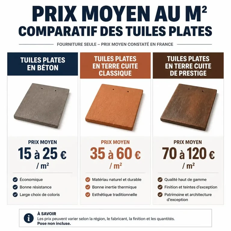 Comparatif des prix au m2 des tuiles plates en béton, terre cuite et prestige pour une toiture.