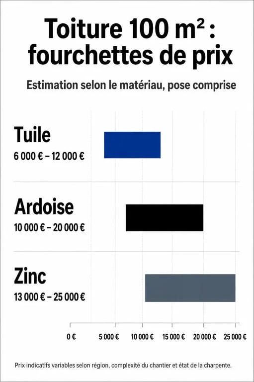 Tableau comparatif des prix d'une toiture de 100m2 selon les matériaux de couverture