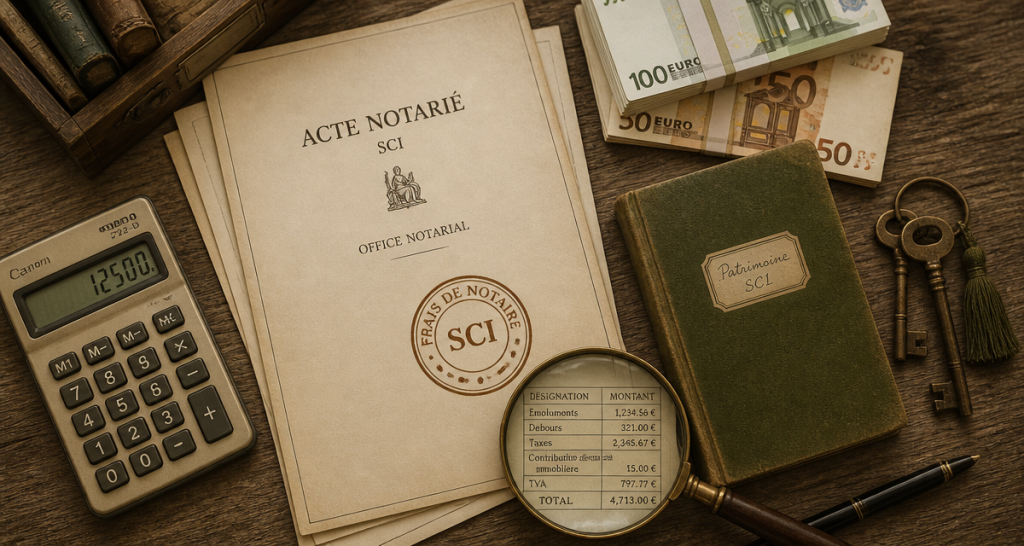 frais de notaire pour une sci sur bureau avec calculatrice et euros
