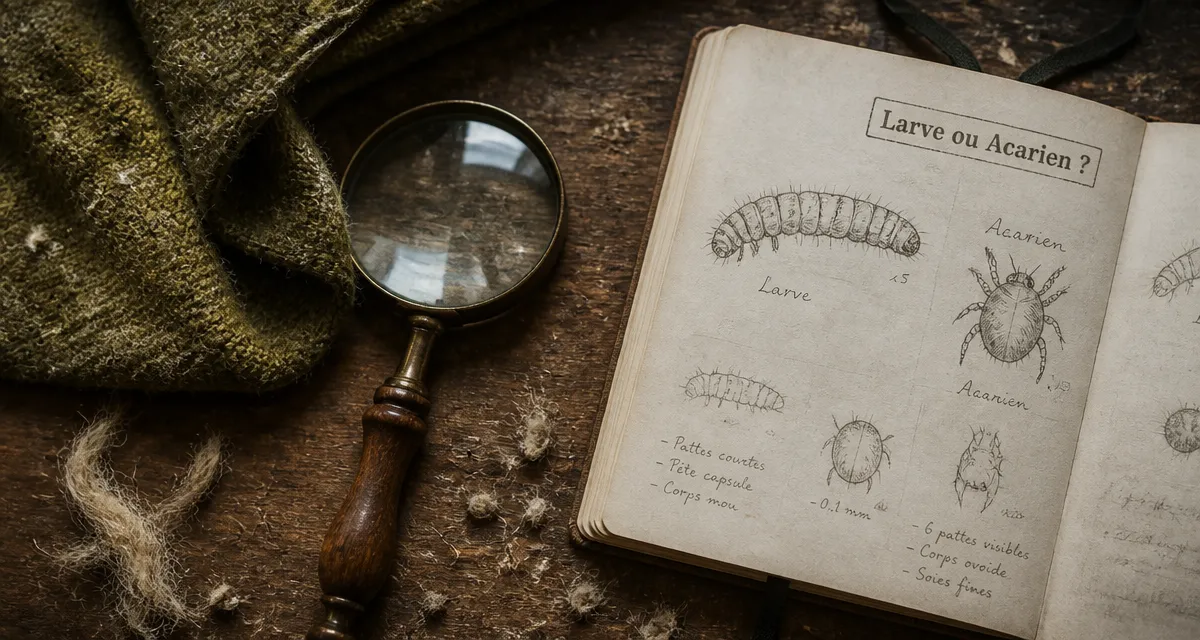 Larve mites de poussière sur table en bois avec loupe et carnet