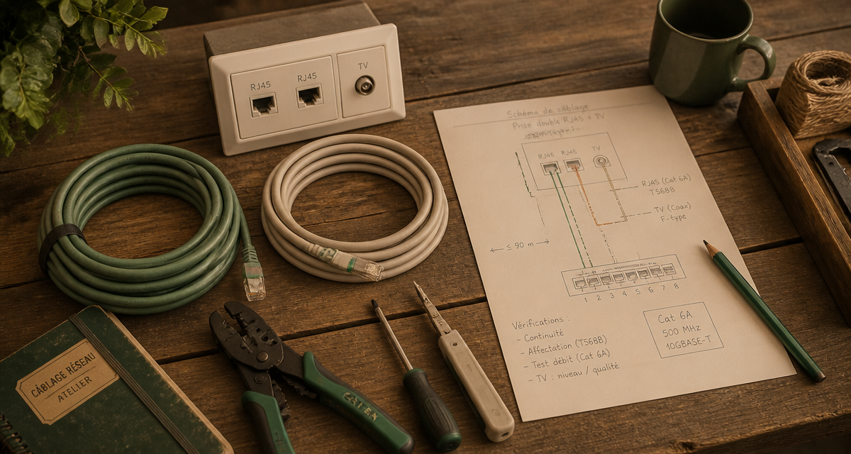 prise rj45 et tv avec câbles ethernet sur bureau