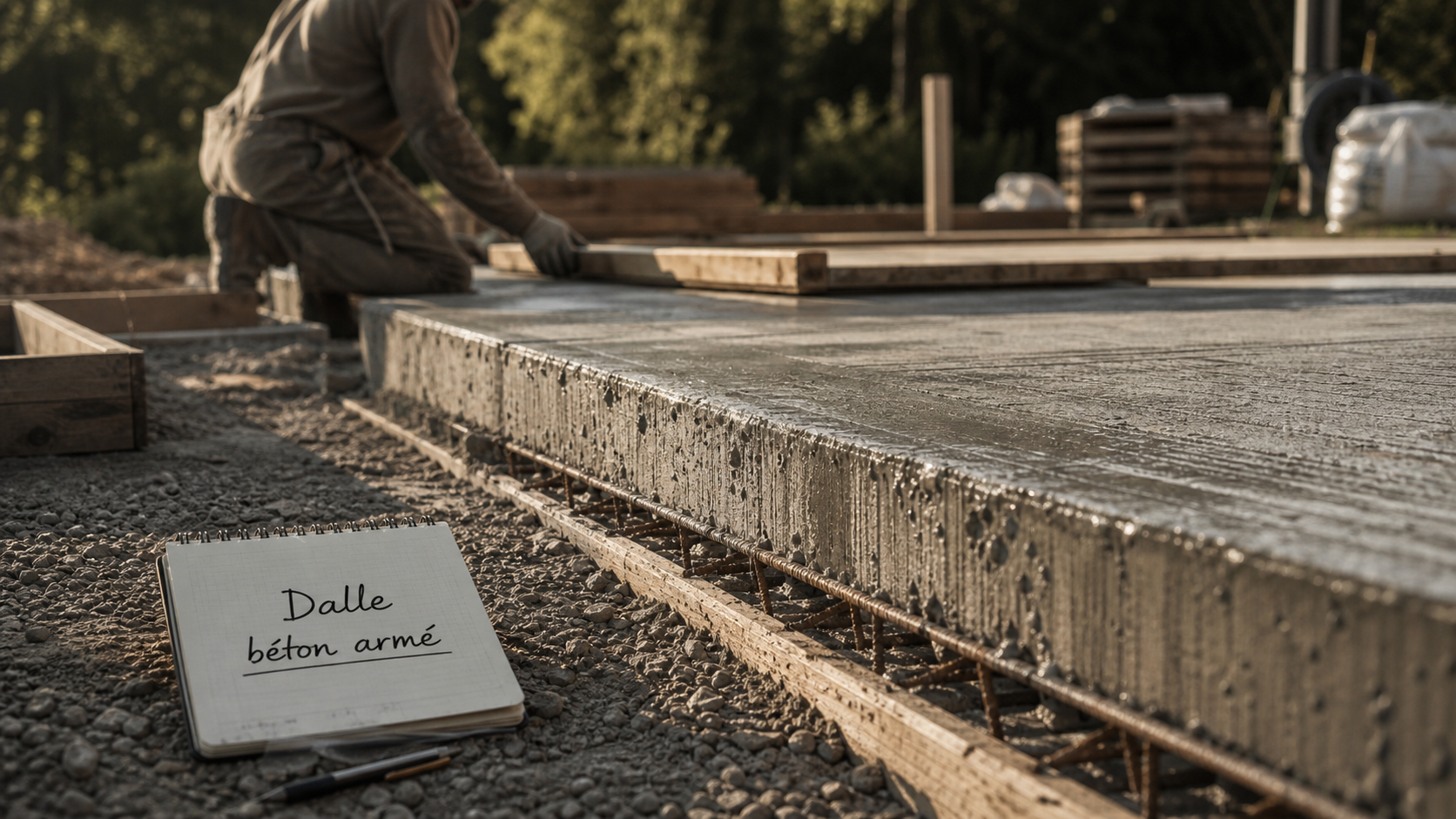 Dalle en béton armé portée 6 m sur plots, chantier en cours
