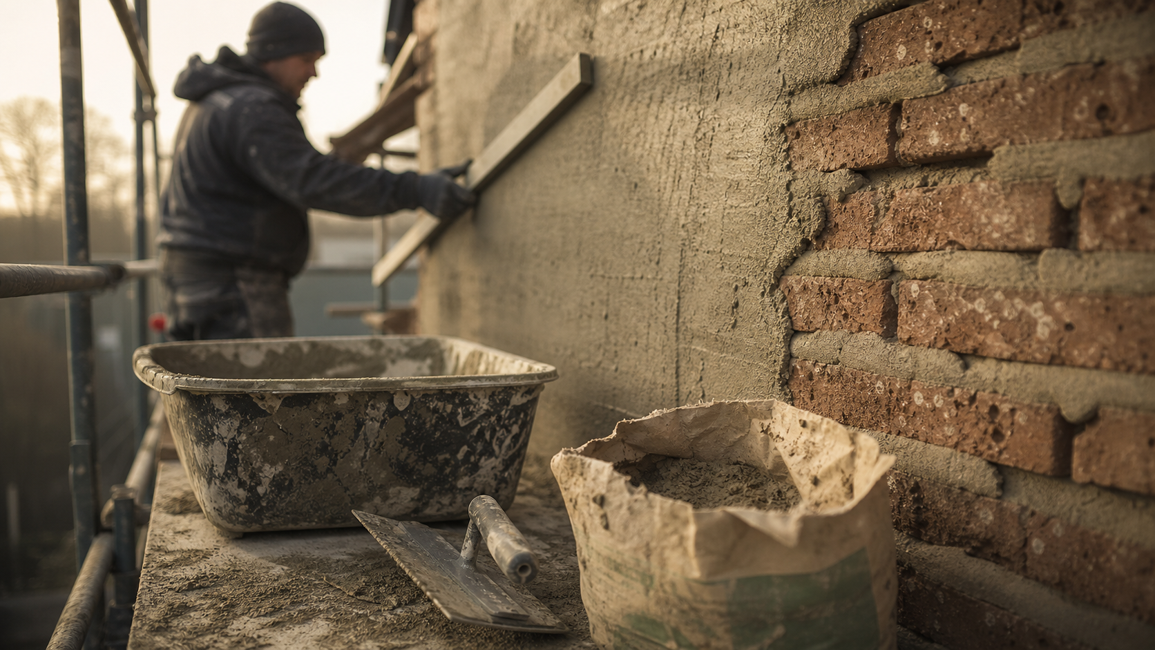 Enduit sur brique : taloche sur mur en brique