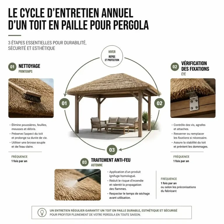 Infographie sur l'entretien d'un toit en paille pour pergola