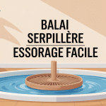 Illustration balai serpillère essorage facile et seau sur sol lumineux