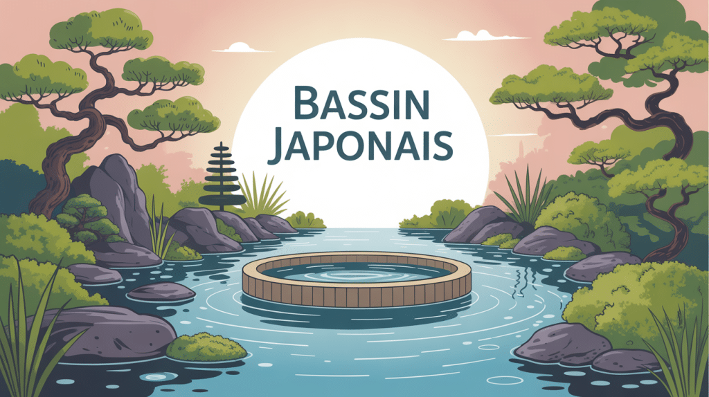 bassin japonais central avec pierres et bambous