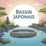 bassin japonais central avec pierres et bambous
