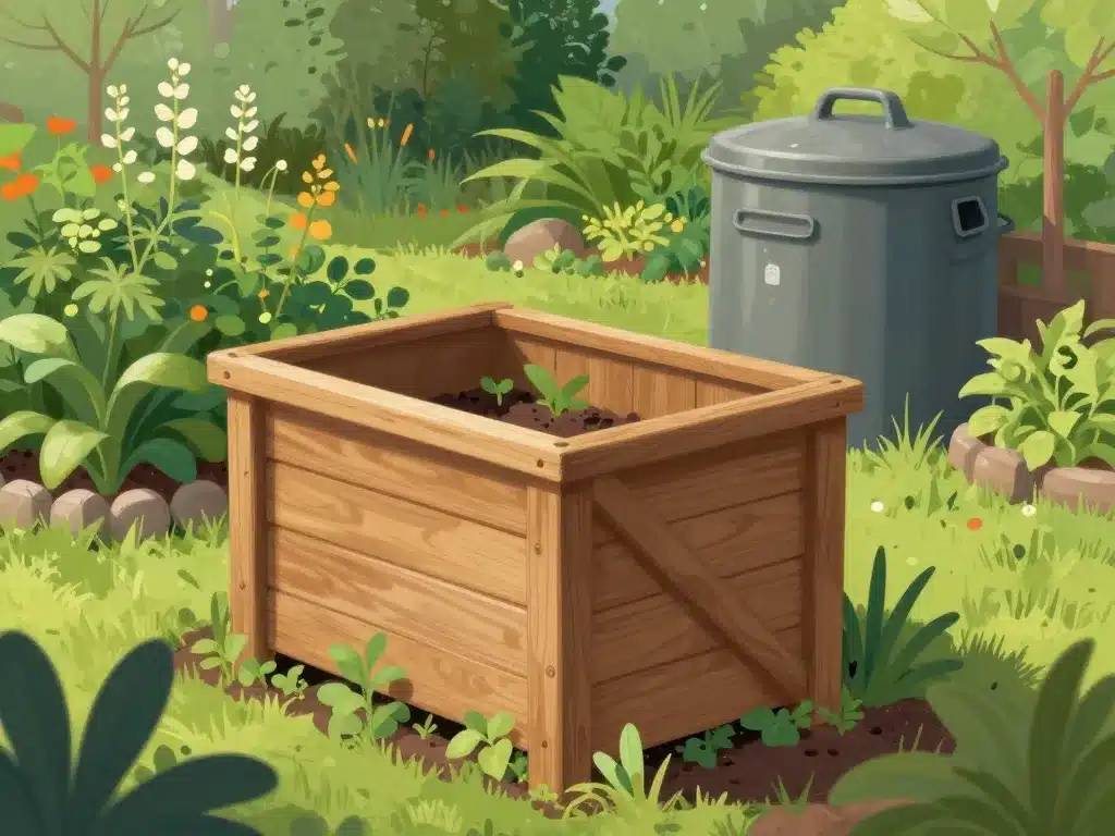 Composteur en bois entouré de végétation dans jardin