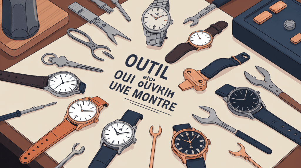 Illustration de différents outil pour ouvrir les montres réunis sur une table