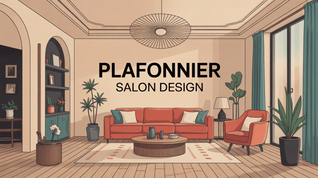 illustration salon moderne avec plafonnier salon design central