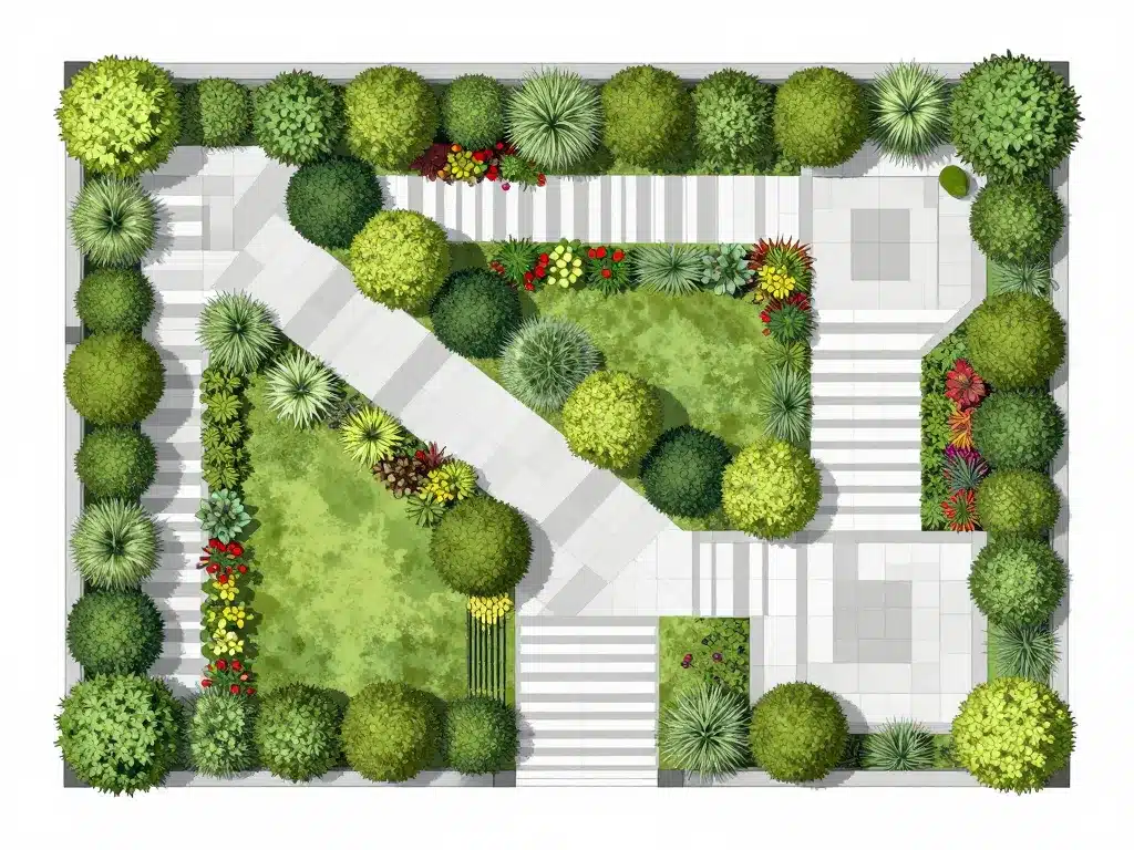 Disposition arbustes boule, massifs et bordures jardin
