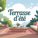 illustration terrasse d'été chaleureuse avec mobilier et végétation