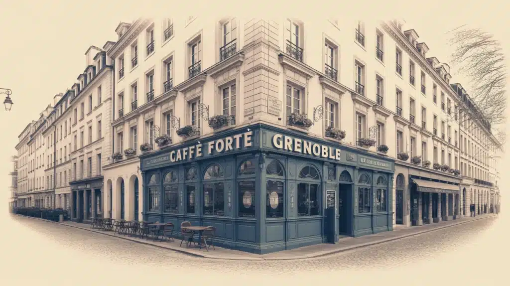 Intérieur chaleureux Caffè Forté Grenoble avec bar en zinc