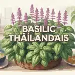 Plant de basilic thaïlandais avec tiges pourpres et feuilles vert vif