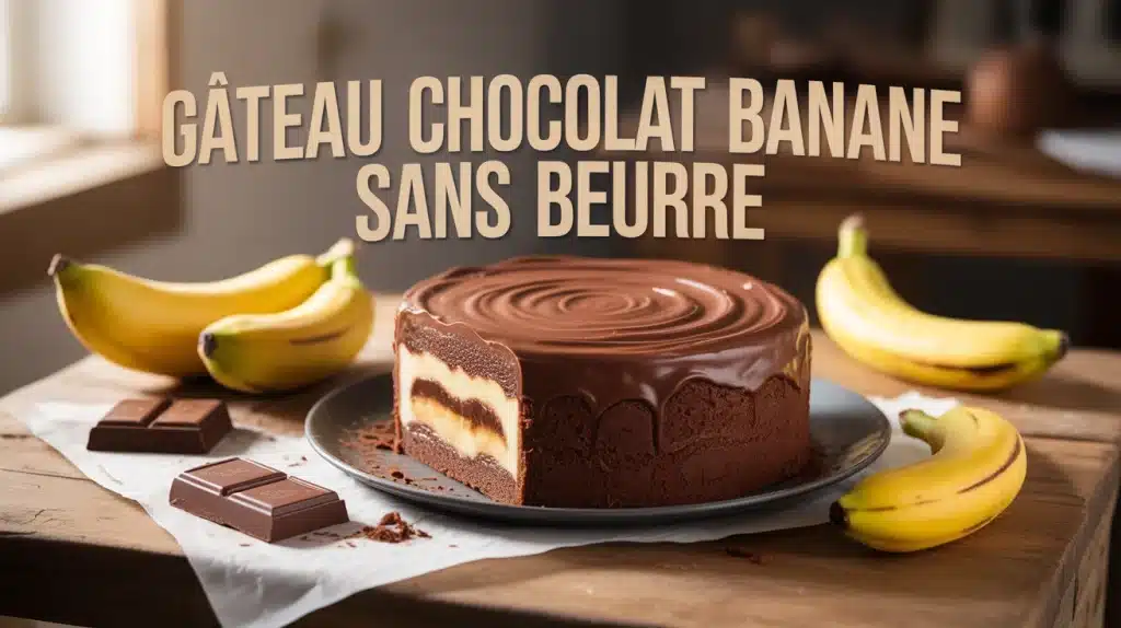 gâteau chocolat banane sans beurre posé sur table en bois avec bananes et chocolat