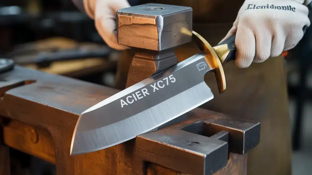 Lame de couteau en acier XC75 avec symboles de forge et traitement thermique