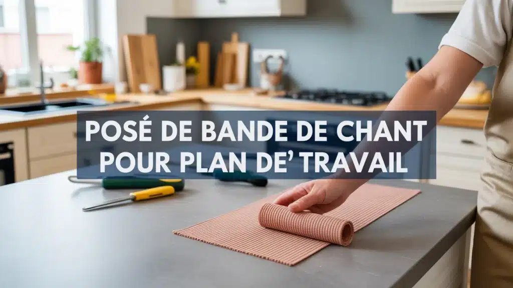 pose de bande de chant pour plan de travail main appliquant bande sur plan aggloméré