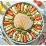 salade de pâtes au poulet avec pâtes fusilli tomates mozzarella pesto