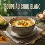 Bol de soupe au chou blanc fumant sur table rustique