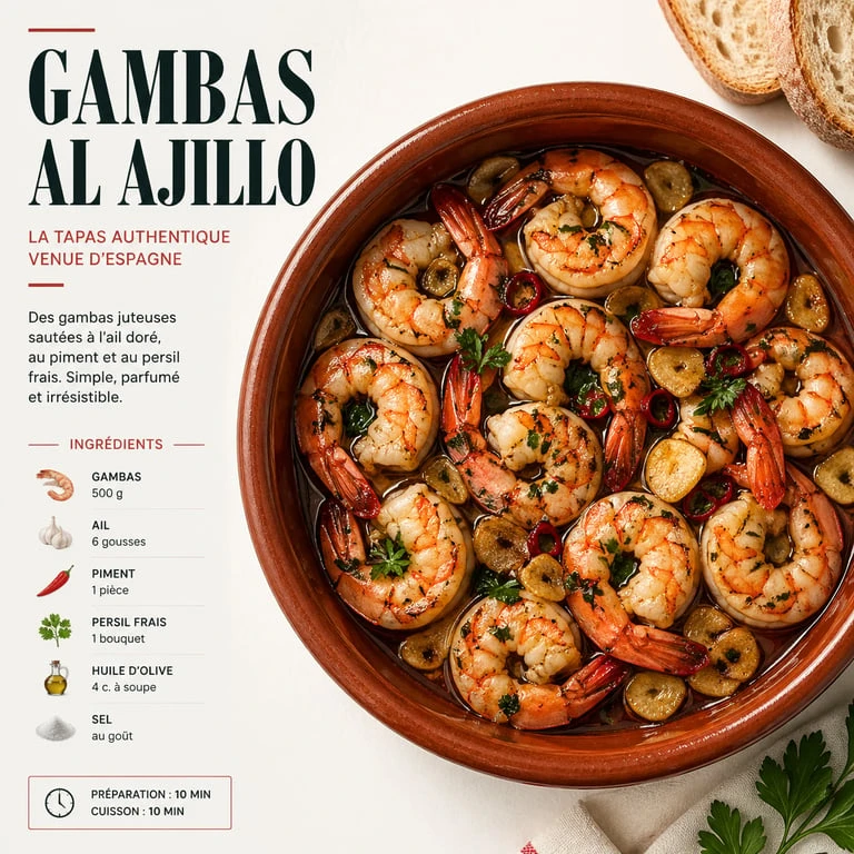 Recette des tapas espagnol : Gambas al Ajillo servies dans un plat en terre cuite