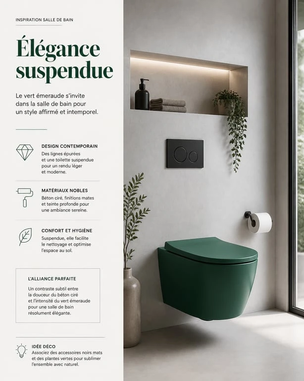 Toilette suspendue de couleur vert émeraude dans une salle de bain moderne