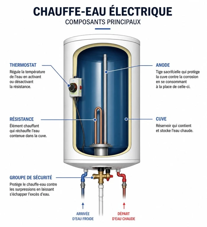 Schéma technique des composants d'un chauffe-eau électrique pour le diagnostic de panne