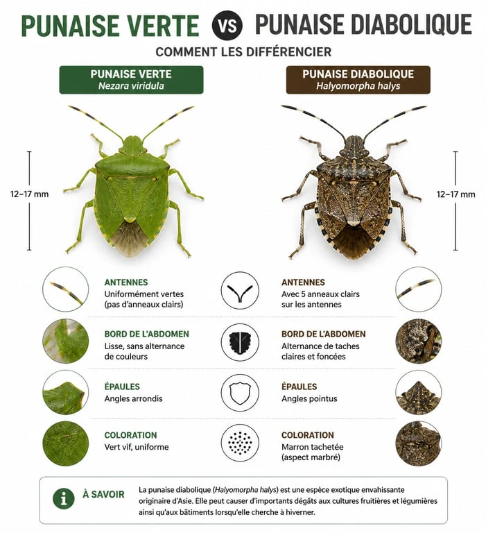 Comparatif visuel pour identifier la punaise verte et la punaise diabolique au jardin