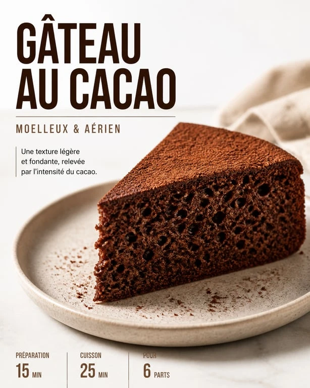 Gâteau au cacao moelleux et aérien servi sur une assiette
