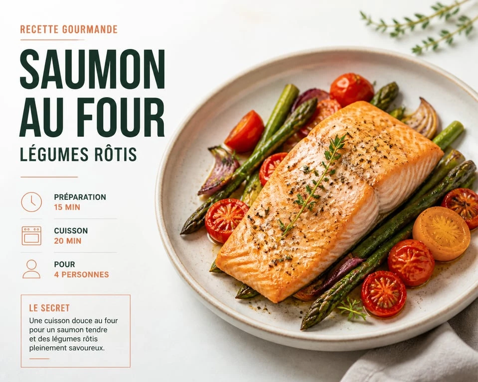 Saumon au four et son accompagnement de légumes rôtis dans une assiette élégante
