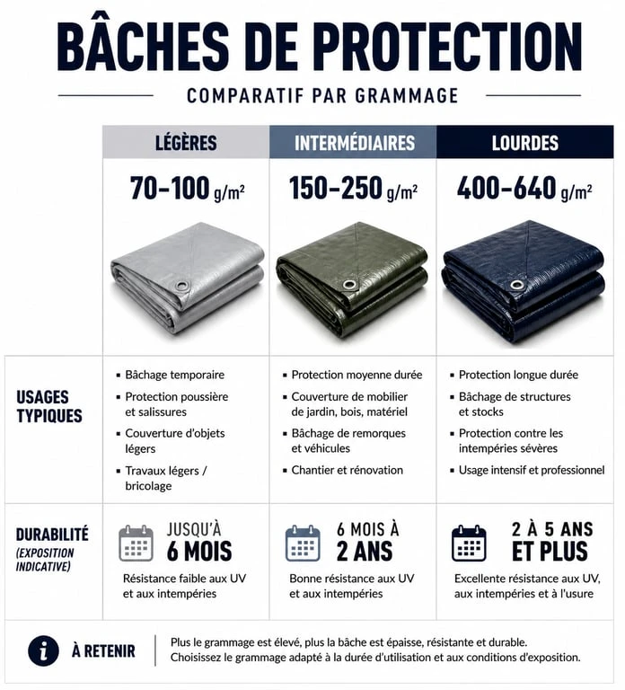 Infographie comparative des types de bâches de protection selon le grammage et l'usage