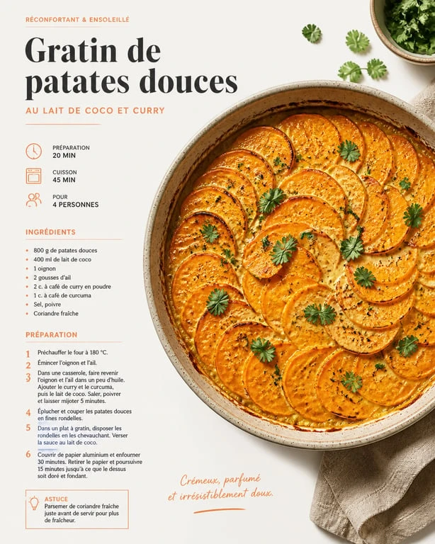 Gratin de patates douces au lait de coco et curry, un accompagnement idéal pour vos plats