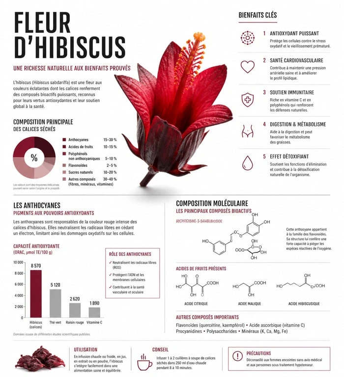 Infographie sur les bienfaits et la composition de la fleur d'hibiscus pour la santé et la cosmétique