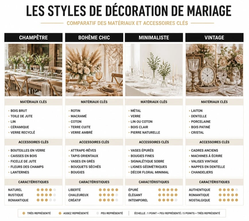 Infographie comparative des styles de décoration de mariage : champêtre, bohème, minimaliste et vintage