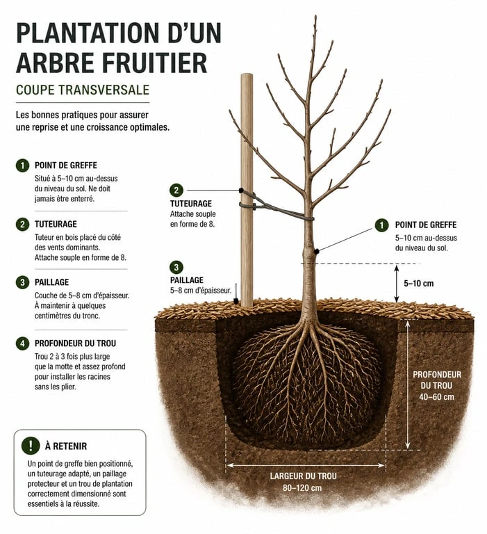 Schéma explicatif des étapes de plantation d'un arbre fruitier : profondeur, point de greffe et paillage pour réussir quand planter un arbre fruitier.