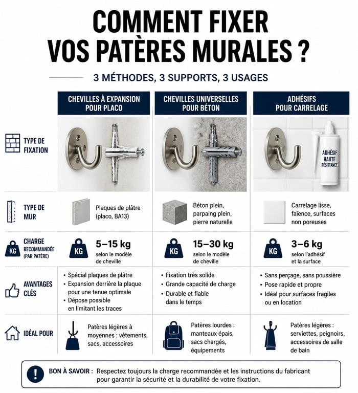 Infographie comparative des méthodes de fixation pour patère murale selon le type de mur et la charge